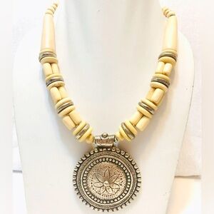 Handmade bone bead metal pendent necklace